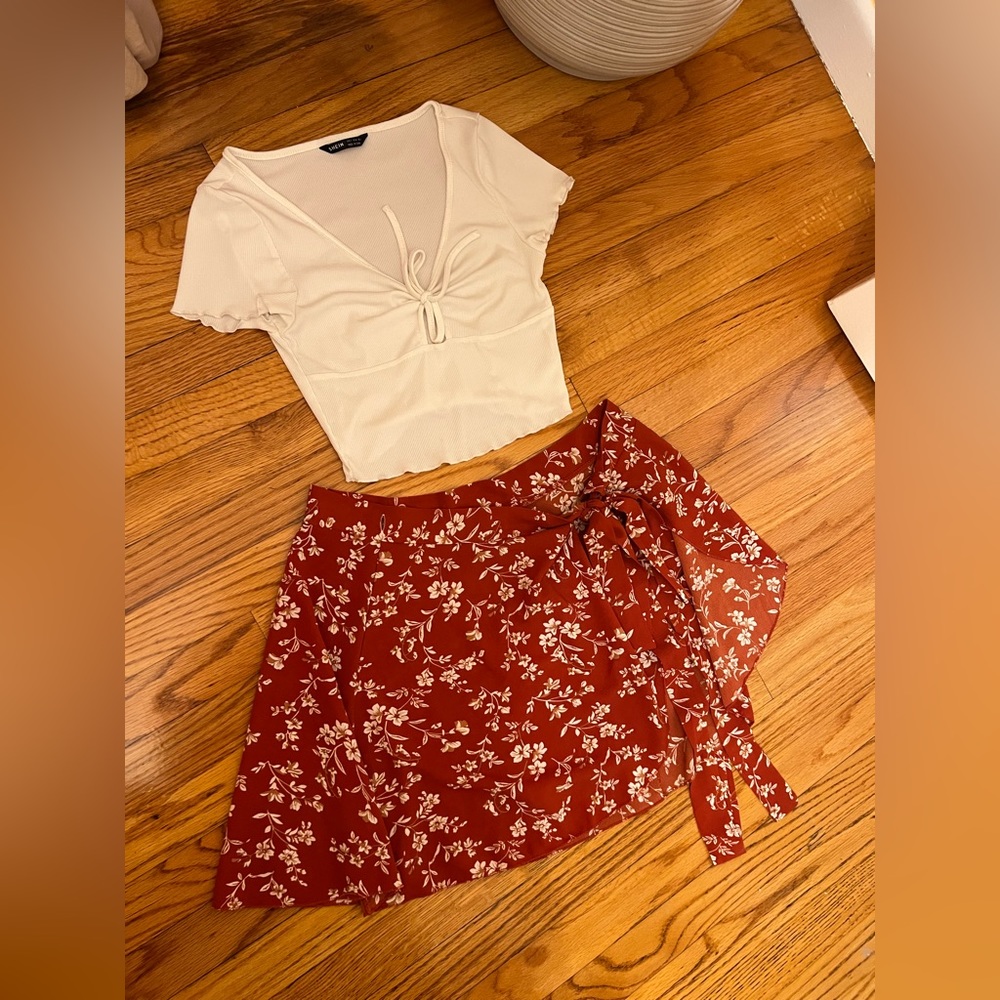 floral wrap skirt and white keyhole crop top; two piece set *see description*